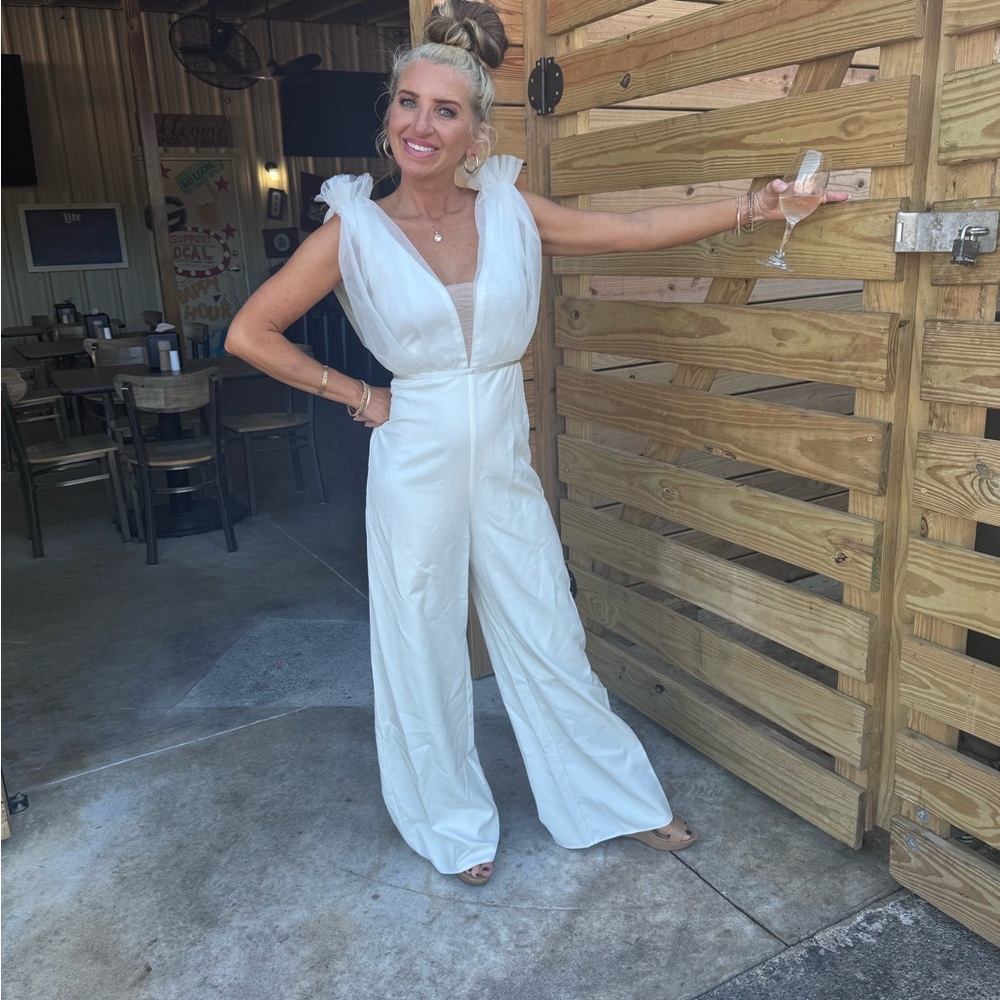 Women’s White V-Neck Jumpsuit with Sheer Shoulder Detail